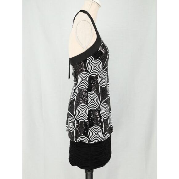 Cache Dress Womens 2 Black White Sequin Halter Fitted Short Ruched Hem Zip New - Picture 13 of 16
